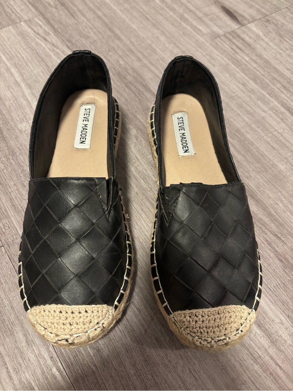 Steve Madden Black Woven Faux Leather Espadrille Slip-On Flats Size 6.5
